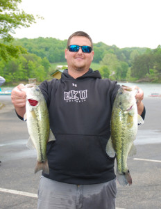 Richard Cobb holds two of his three winning fish at the KBF tournament  on Grayson Lake. (Photo by Chris Erwin)