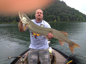 Shan Horsley displays a 49" muskie caught on Cave Run Lake Last week photo submitted