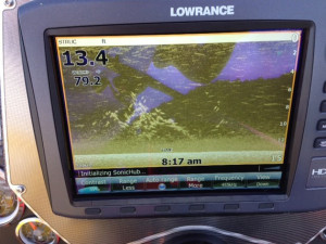 Bait fish schooling near channel trees, as seen by a depth finder. (Photo by Scott Doan). 