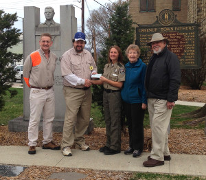 Kentucky Outdoor Press Members delivered a check to Kentucky Department of Fish and Wildlife Education Officer Jessie Nelson. A donation of $230 will send a local child to conservation camp for a week. Pictured from left to right are: Tom Clay, Chris Erwin, Nelson, Wanda Clay and Soc Clay. (Photo by Linda Erwin)