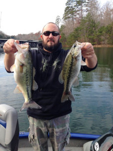 Jason Carmichael continues to catch fish at Laurel River Lake, these two fish, a Kentucky bass and largemouth bass, fell for a jigging spoon in 18 feet of water. (Photo submitted)