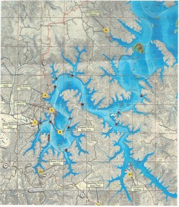 This small section of Dale Hollow Lake is a copy of one of my maps. I marked the locations where fish migrate from deep to shallow water. All of the points are near where the channel comes close to the bank, making it a short route to shallow water. (Graphic prepared by Chris Erwin)    