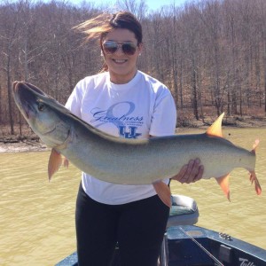 Megan Diller caught this 42-inch muskie last spring at about this same time, this year her boat is still snowed in, she hopes to get it out by the time this article runs. (Photo submitted.)