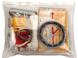 This kit only weighs 5 oz. and comes in a waterproof bag. It also has all of the things I have covered except water purification pills and wire saw. It includes 29 pieces and costs about $14.00. (Photo provided by first-aid-products.com)