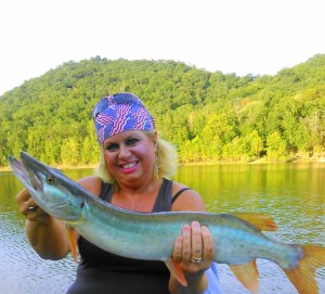 Sherry Molton, of Grayson Ky., caught this Muskie on Cave Run Lake while fishing the main lake last weekend. (photo submitted)